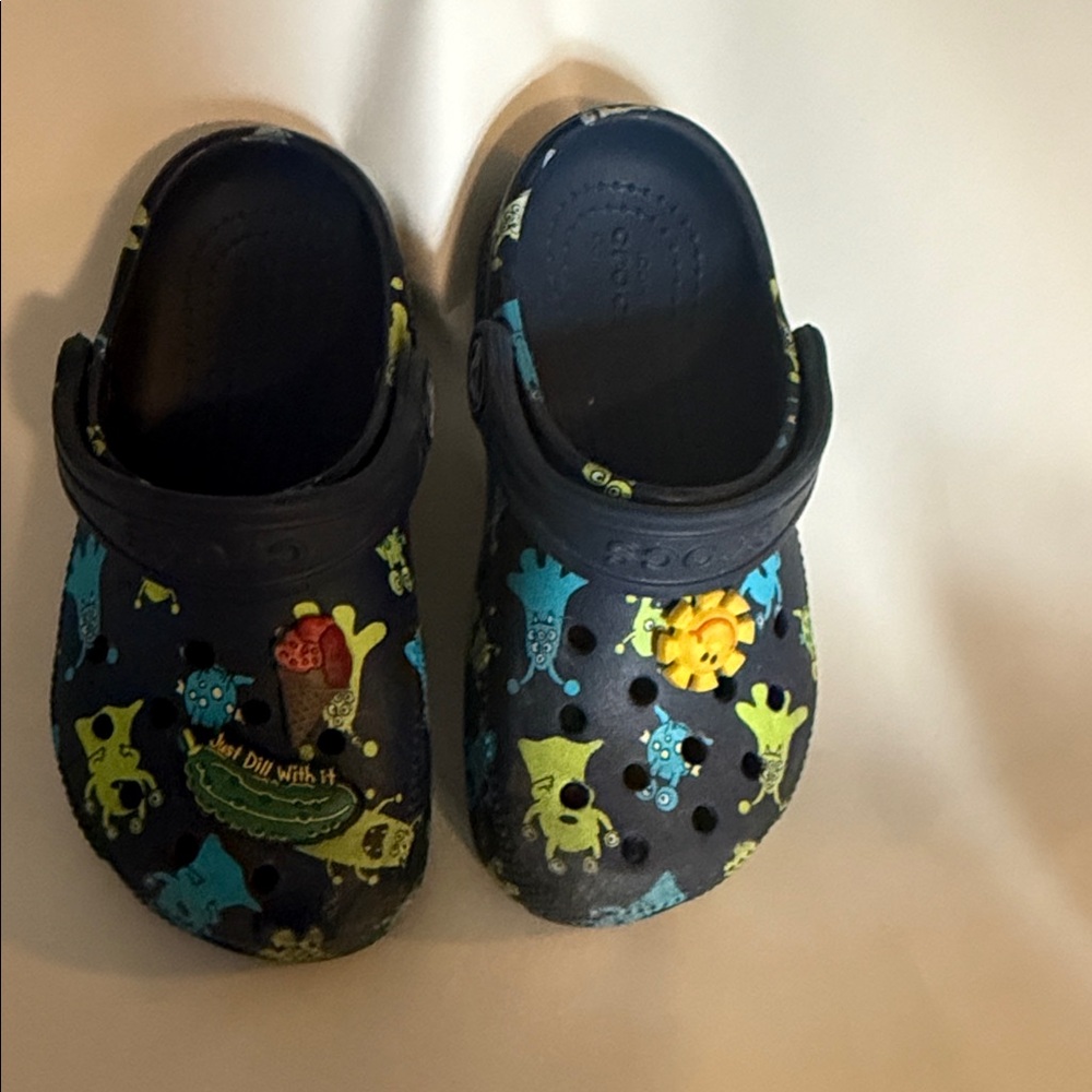 CROCS Kids Blue Clogs with Colorful Prints